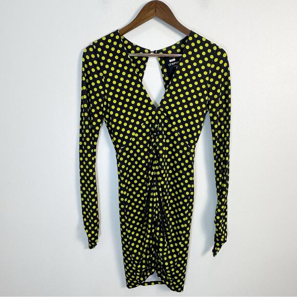 Le Superbe Elastica Black Yellow Neon Polka Jersey Mini Dress Cut Out Back XS - Picture 2 of 14